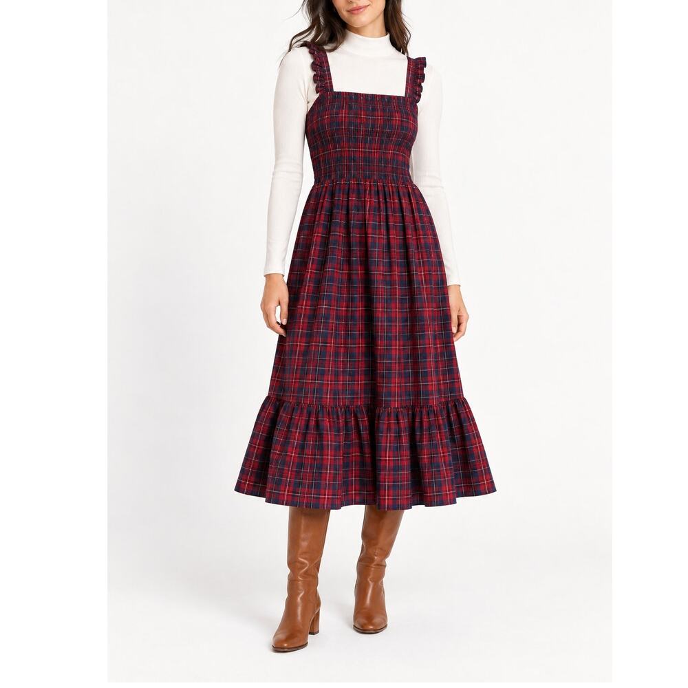 Red Navy Plaid Smocked Midi Dress Nicole Miller XS Cotton Sleeveless Cottagecore